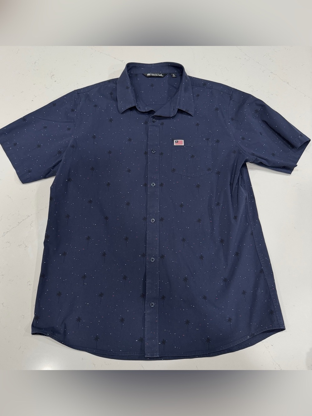 Travis Mathew Men’s Navy Short-Sleeve Button-Down with Subtle Palm Print - XL